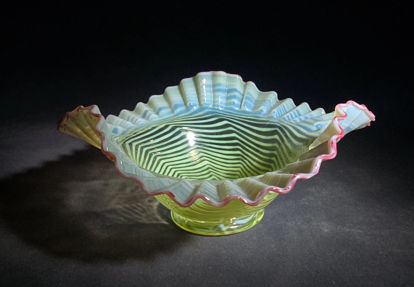 Vintage Fenton Uranium Glass Blue Opalescent Spiral Optic Crimped Ruffled Rim Bowl with Cranberry Edge, Circa 1939, UV Reactive