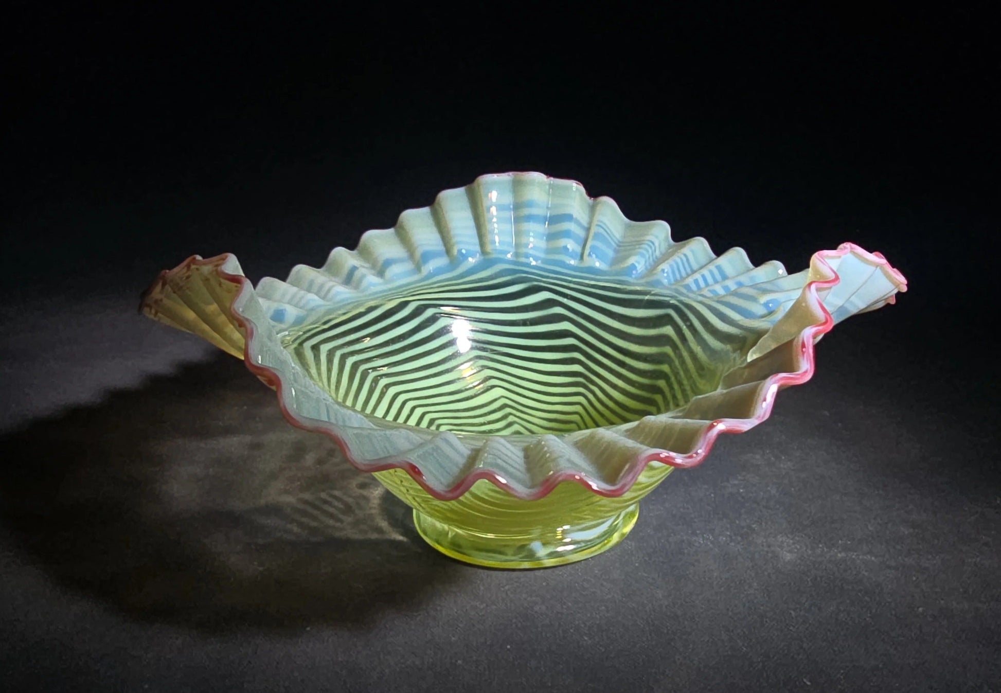 Vintage Fenton Uranium Glass Blue Opalescent Spiral Optic Crimped Ruffled Rim Bowl with Cranberry Edge, Circa 1939, UV Reactive
