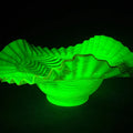 Lot 003 - Vintage Fenton Uranium Glass Blue Opalescent Spiral Optic Crimped Ruffled Rim Bowl with Cranberry Edge, Circa 1939, UV Reactive, 9-1/2" W