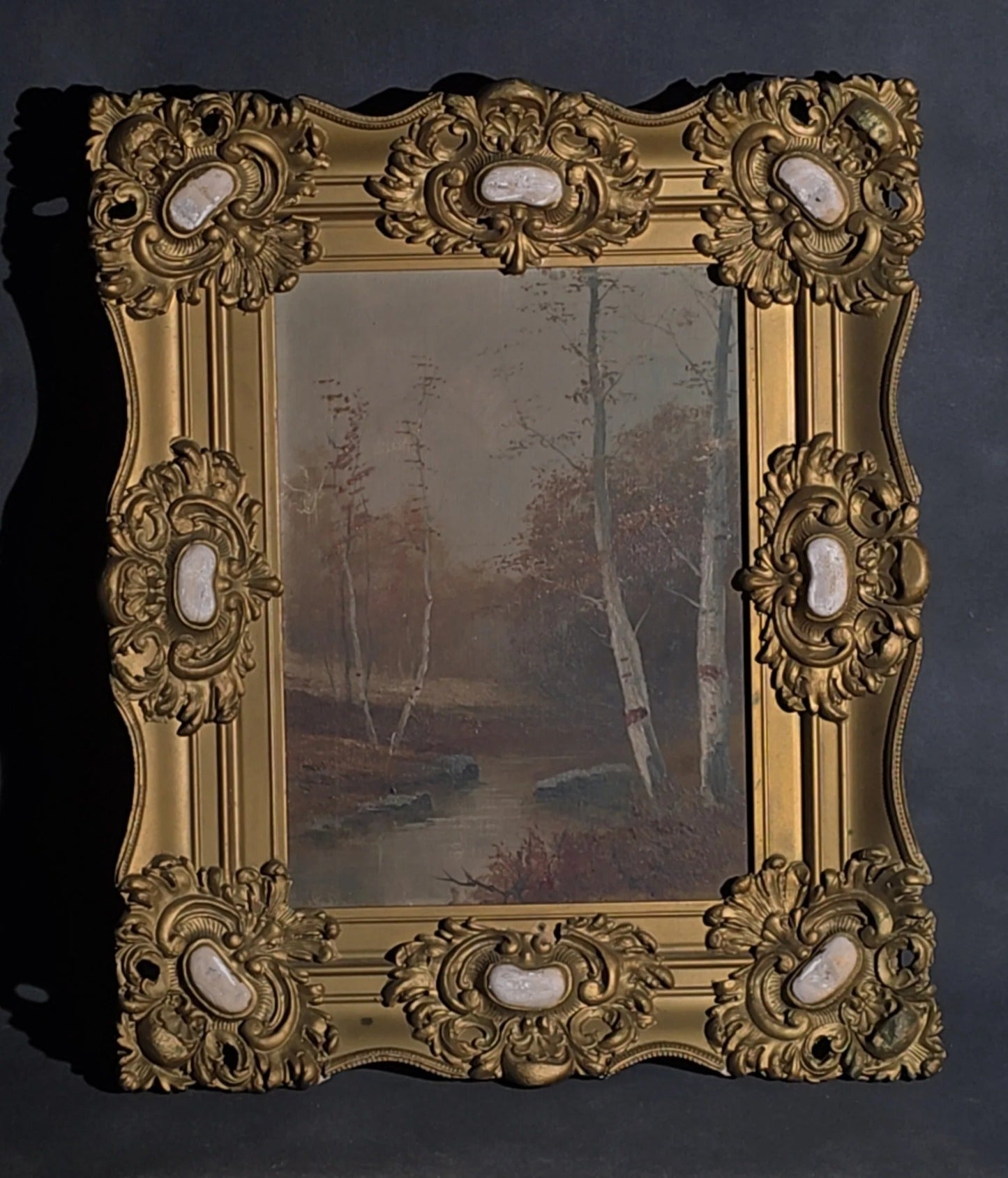 Antique Oil Painting on Canvas, Autumn Woodland Landscape with Birch Trees and Stream in Ornate Gilt Frame, Illegibly Signed