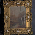 Lot 096 - Antique Oil Painting on Canvas, Autumn Woodland Landscape with Birch Trees and Stream in Ornate Gilt Frame, Illegibly Signed, 15" W x 18" H