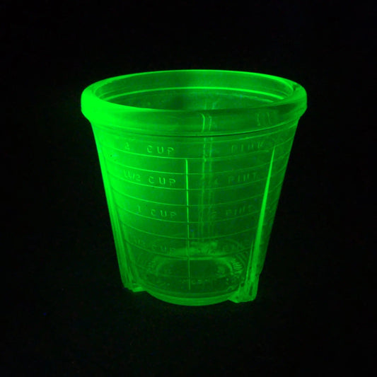 Vintage Uranium Glass Measuring Cup, Manufactured by Vidrio Products Corp., Chicago, Illinois