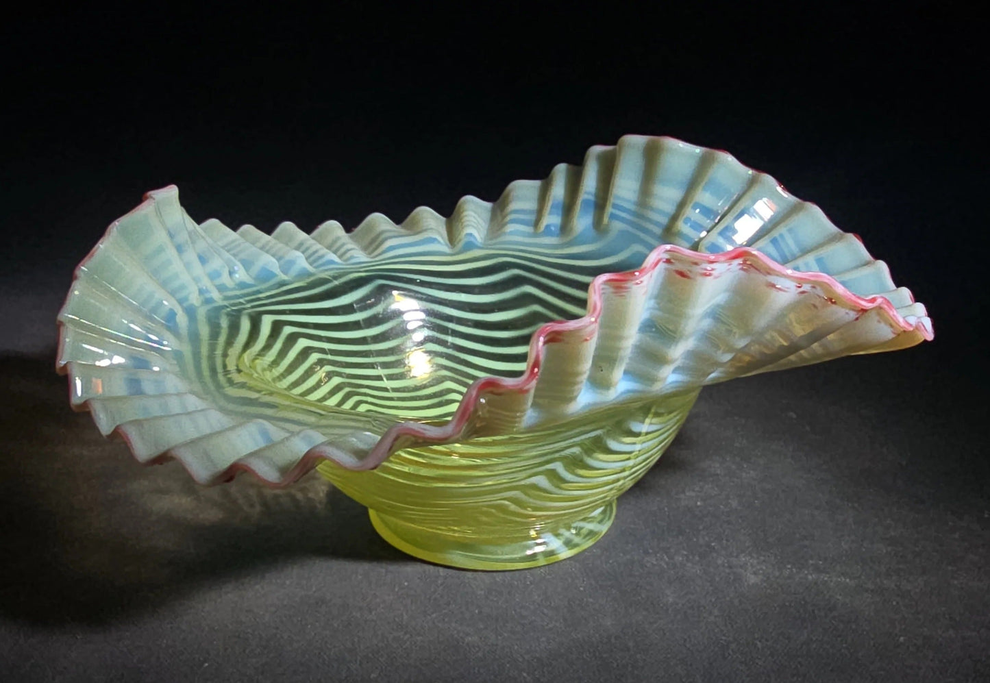 Vintage Fenton Uranium Glass Blue Opalescent Spiral Optic Crimped Ruffled Rim Bowl with Cranberry Edge, Circa 1939, UV Reactive