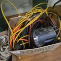 Lot 008 - Box Lot with Extension Cords, Jumper Cables, and Work Light