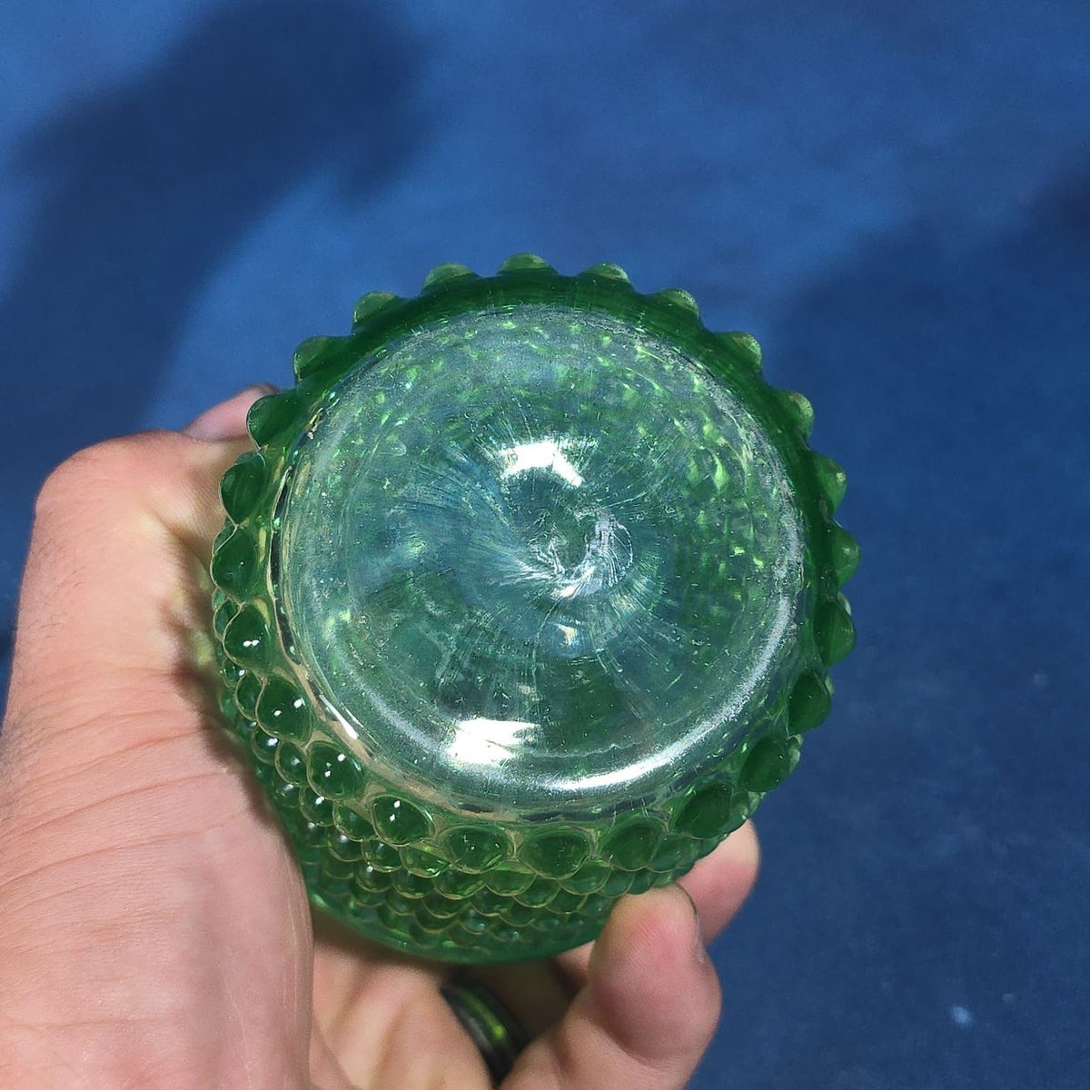 Pair of Vintage Art Glass Pieces including White Cased Glass Vase with Yellow Ruffled Rim and Green Hobnail Glass Decanter with Stopper