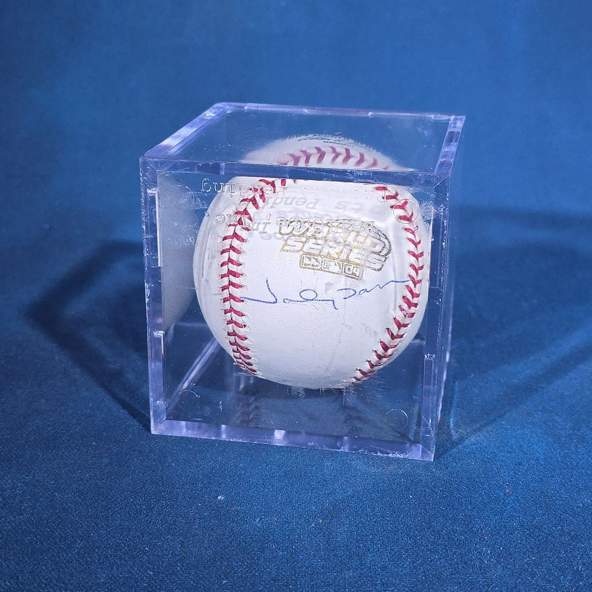 Vintage Johnny Damon Signed 2004 World Series Rawlings Baseball with M.L.B. Authentication Hologram MR580661 in Display Cube