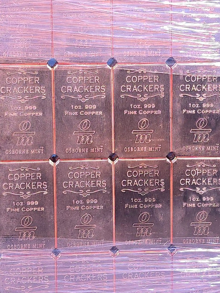 Grouping of 10 Sheets of "Copper Crackers" 1 Oz. .999 Fine Copper Bars, Manufactured by Osborne Mint, 160 Oz. Total