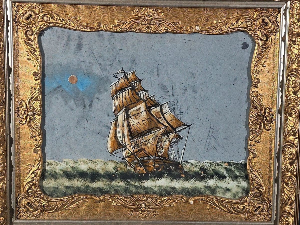 Antique Reverse Glass Painting of a Clipper Ship at Sea in Gilt Frame