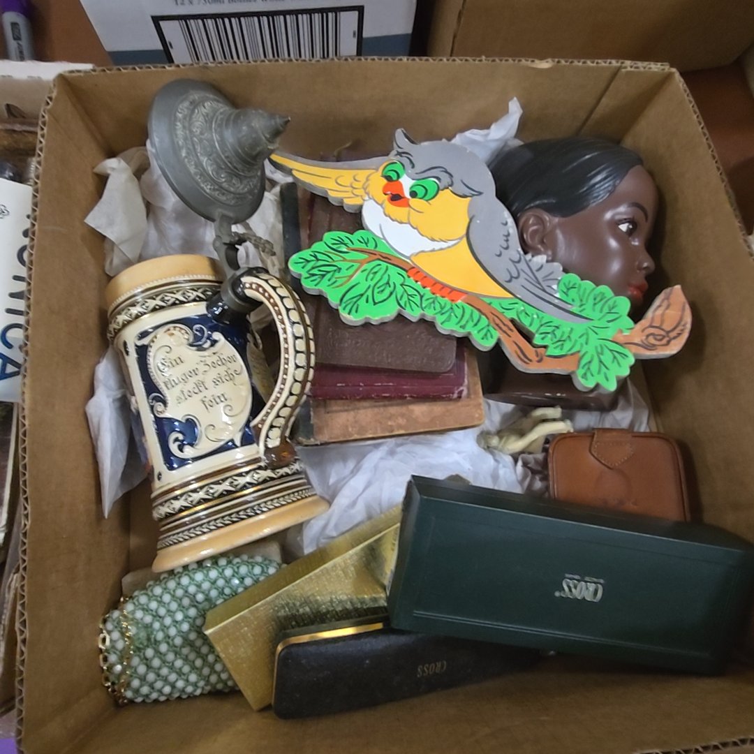 box lot with books Stein and pens