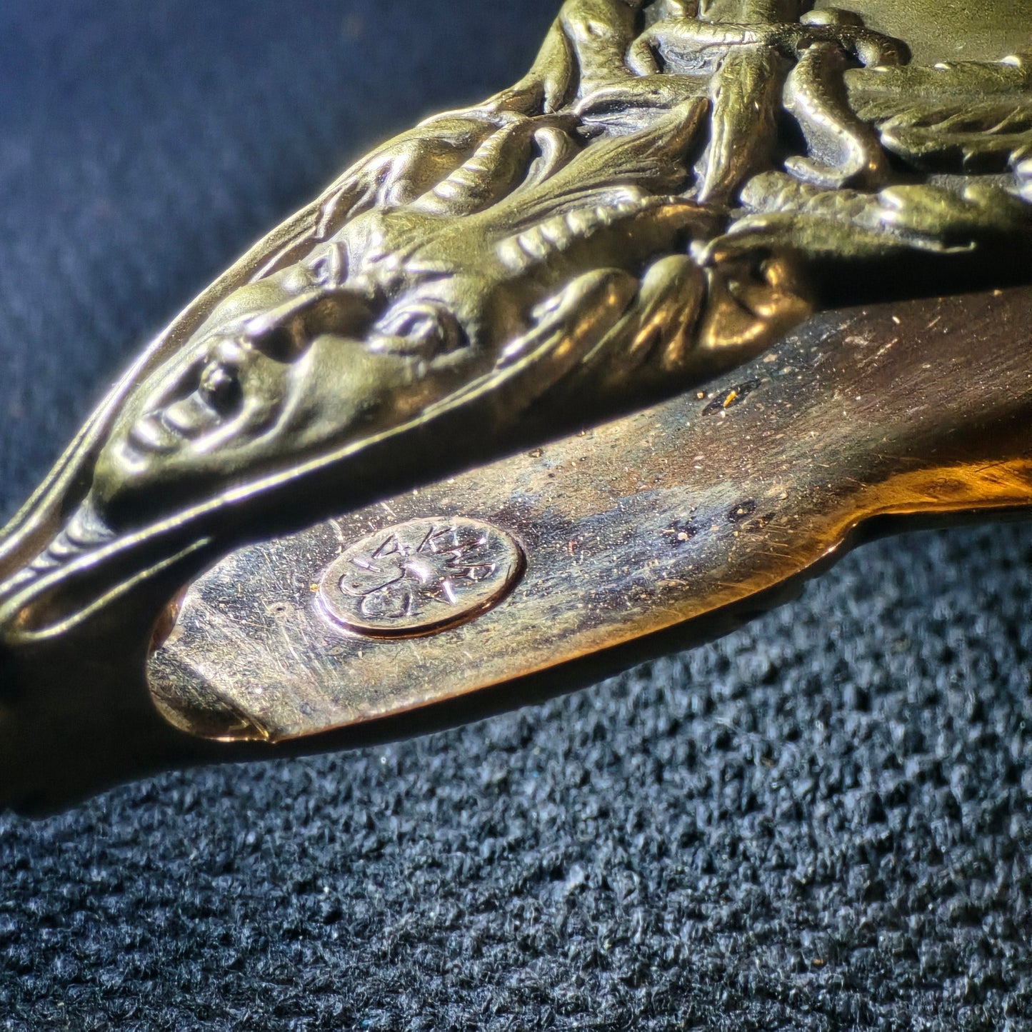Antique Art Nouveau 14K Yellow Gold Lorgnette Folding Glasses with Three Diamonds and Grotesque Devil Face on Handle