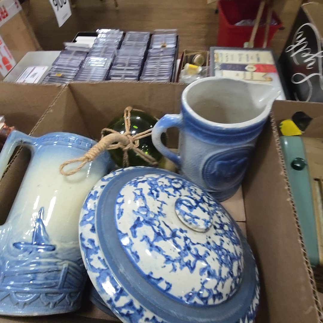 box lot with pictures lids and glass ball