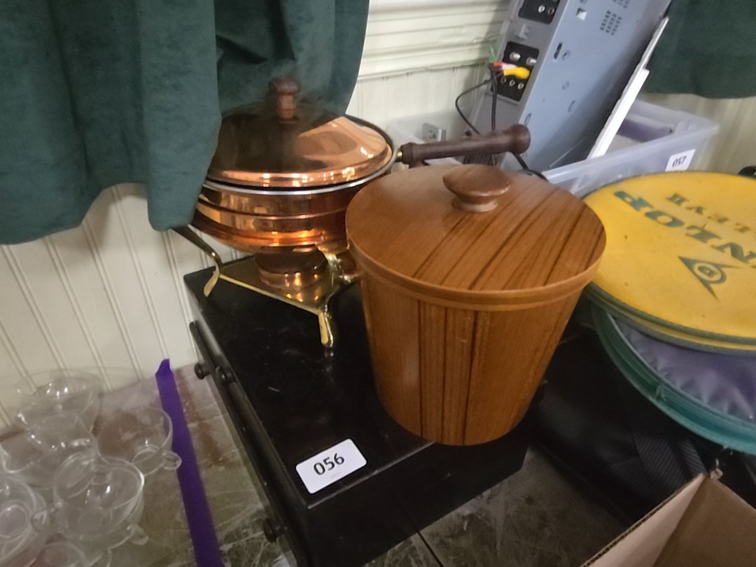 grouping with copper fondue pot, ice bucket, and empty flatware set