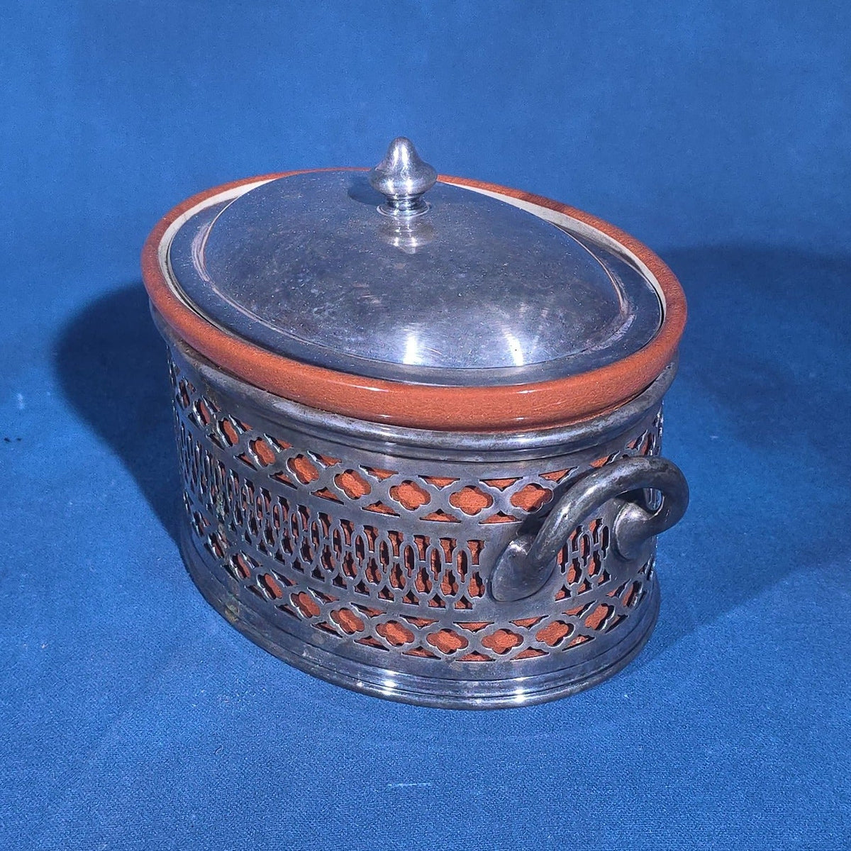 Antique Weller Pottery Covered Dish in Reticulated Silver-Plated Stand with Lid
