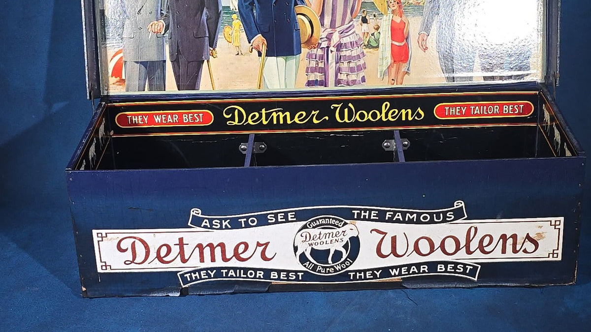 Vintage Detmer Woolens Advertising Store Display Sample Box with Beach Scene Lithograph, Model D 1H
