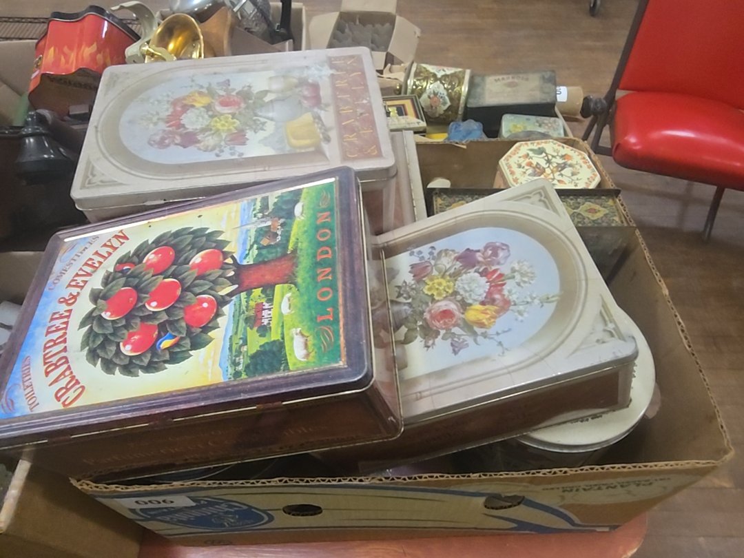 large box lot of tins