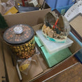 Lot 240 - Box Lot with Shell Art, Tin, and More