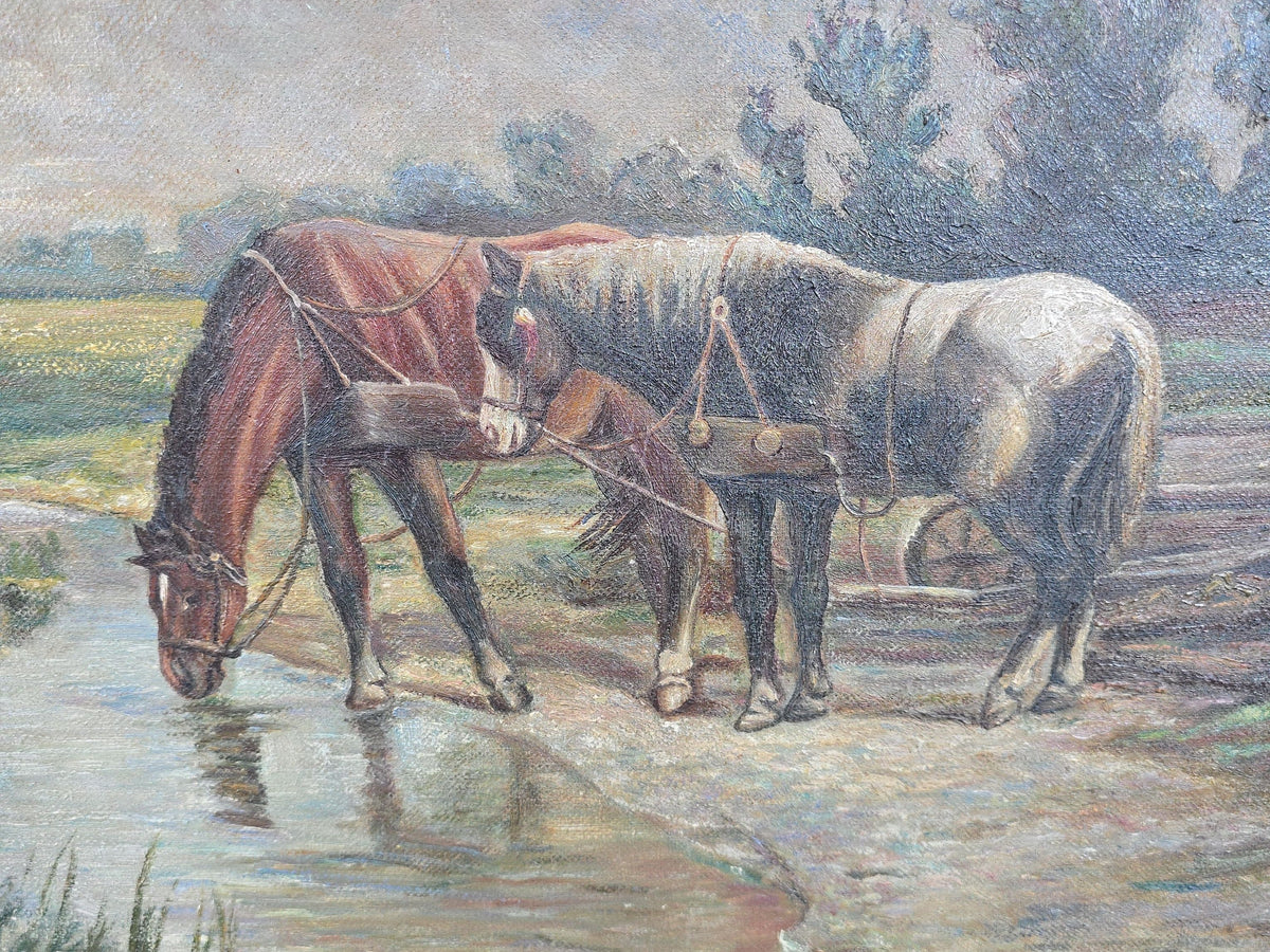 Antique Oil Painting on Canvas, Horses Drinking at a Stream with Seated Figure in Rural Landscape, Signed Oscar Carlsson, 1916