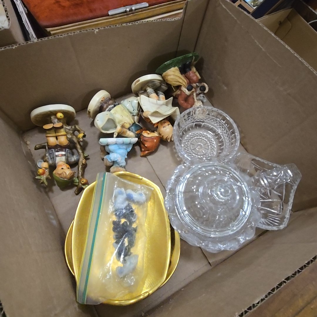 box lot of pottery and glass including Hummels