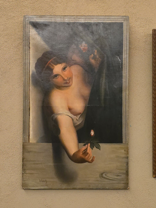 Antique Oil Painting on Canvas, Copy After Antoine Wiertz, "Le Bouton de Rose" ("The Rosebud")
