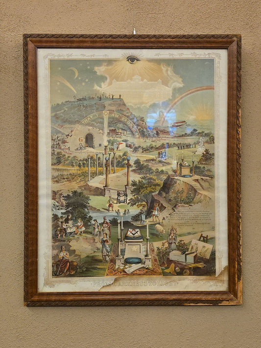 Antique Framed Masonic "From Darkness to Light" Master Mason Chromolithograph Certificate Print, Published by The Pettibone Bros. Mfg. Co., Cincinnati, Ohio, Copyright 1887