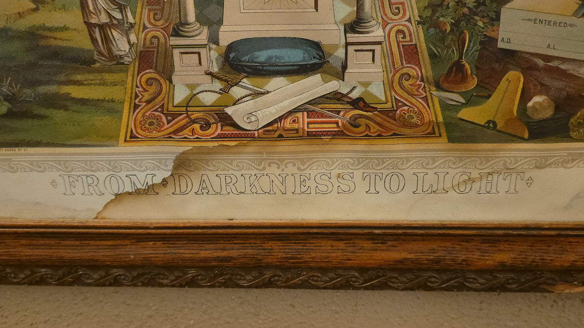 Antique Framed Masonic "From Darkness to Light" Master Mason Chromolithograph Certificate Print, Published by The Pettibone Bros. Mfg. Co., Cincinnati, Ohio, Copyright 1887