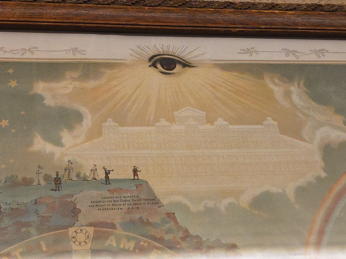 Antique Framed Masonic "From Darkness to Light" Master Mason Chromolithograph Certificate Print, Published by The Pettibone Bros. Mfg. Co., Cincinnati, Ohio, Copyright 1887