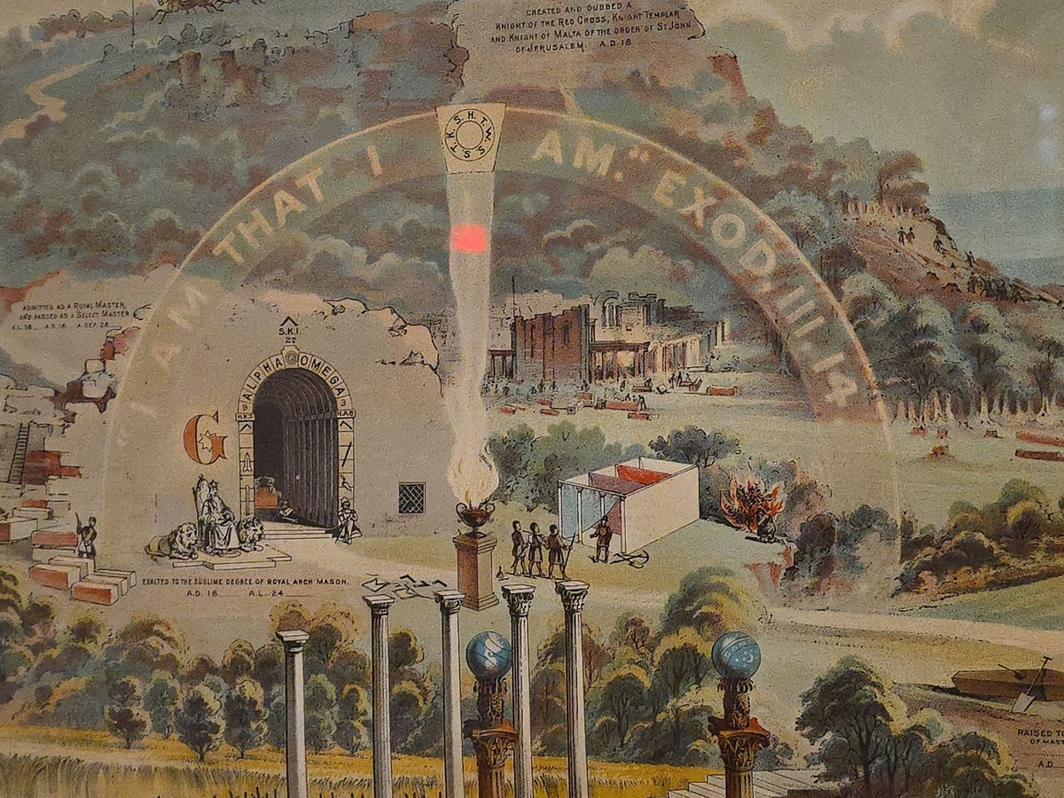Antique Framed Masonic "From Darkness to Light" Master Mason Chromolithograph Certificate Print, Published by The Pettibone Bros. Mfg. Co., Cincinnati, Ohio, Copyright 1887