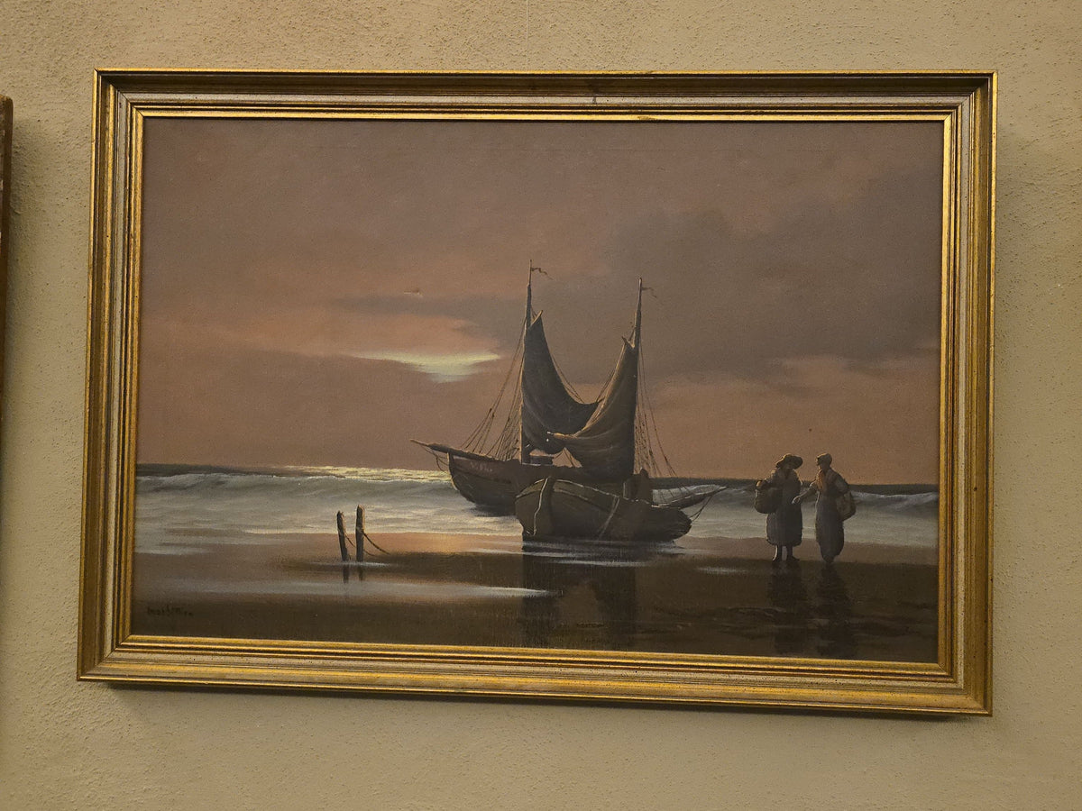 Vintage Oil Painting on Canvas, "Night Mooring" Coastal Scene with Beached Sailboats, Signed Martens, 1980