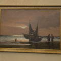 Lot 048 - Vintage Oil Painting on Canvas, "Night Mooring" Coastal Scene with Beached Sailboats, Signed Martens, 1980, 39-1/4" W x 27-1/4" H
