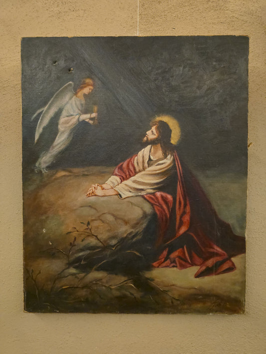 Vintage Oil Painting on Canvas, Agony in the Garden of Gethsemane after Heinrich Hofmann, Signed and Dated 1930