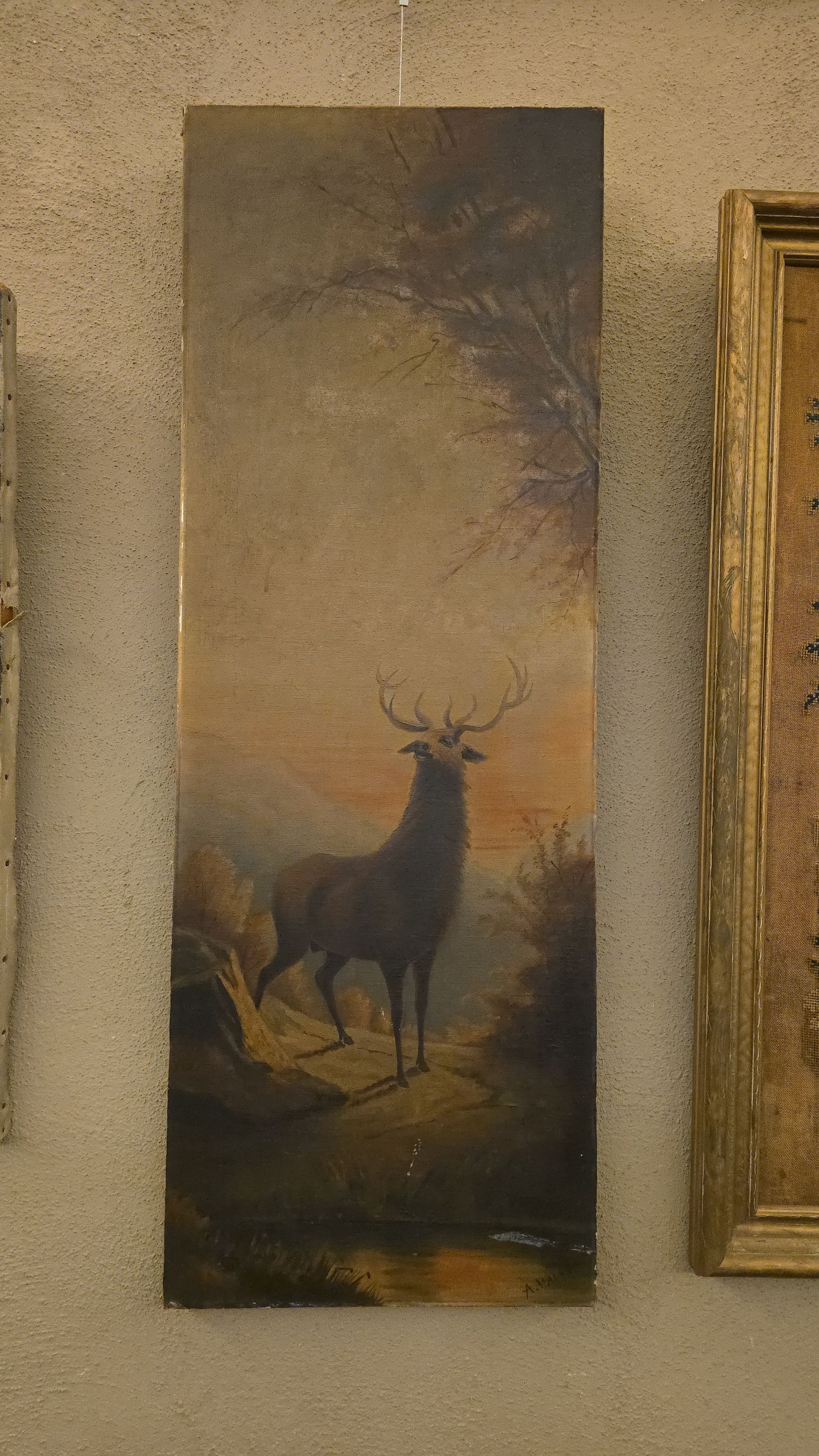 Antique Oil Painting on Canvas, Stag in a Mountain Landscape, Signed A. Walsh