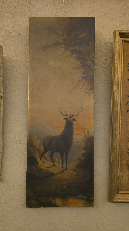 Antique Oil Painting on Canvas, Stag in a Mountain Landscape, Signed A. Walsh