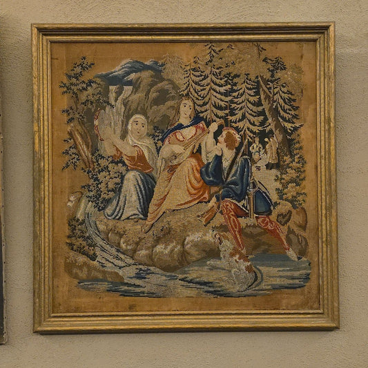 Antique Framed Needlepoint of Figures in a Woodland Landscape with Dog and Stream
