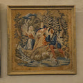 Lot 152 - Antique Framed Needlepoint of Figures in a Woodland Landscape with Dog and Stream, 33" W x 33-3/8" H