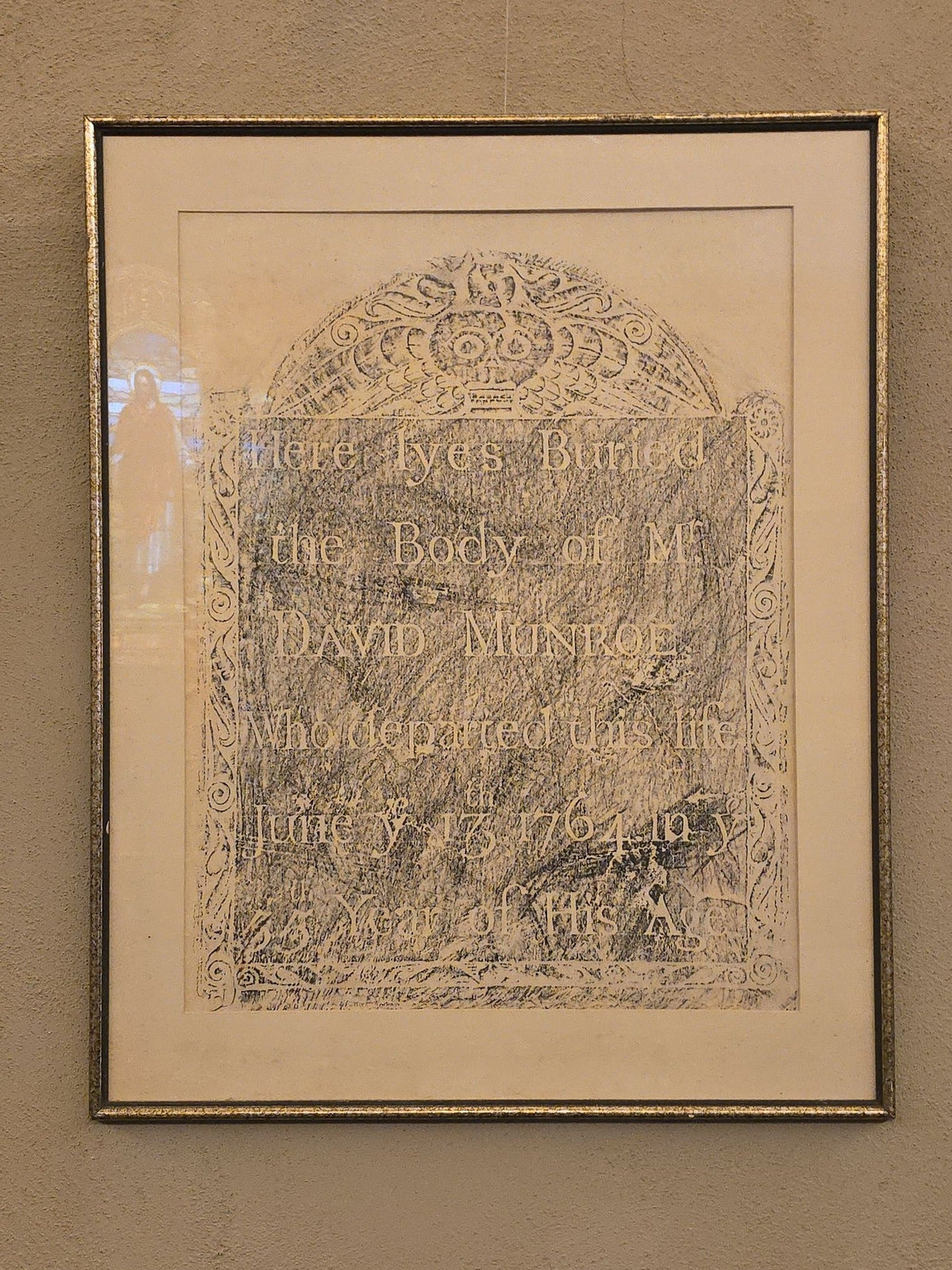 Vintage Framed Gravestone Rubbing of David Munroe, 1764, Lexington, Massachusetts