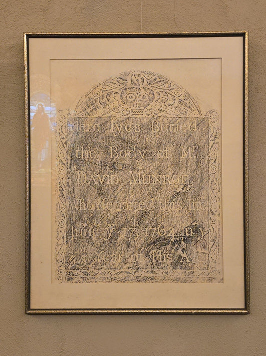 Vintage Framed Gravestone Rubbing of David Munroe, 1764, Lexington, Massachusetts
