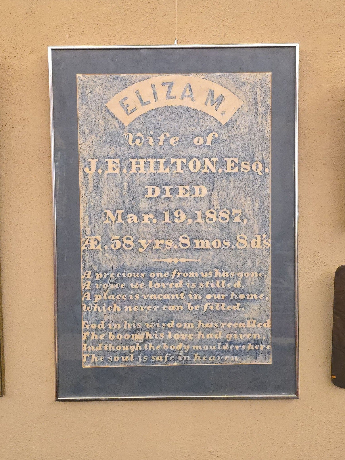 Vintage Framed Gravestone Rubbing of Eliza M. Hilton, Wife of J.E. Hilton, Esq., Died March 19, 1887