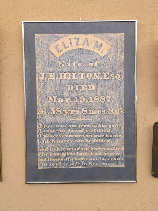 Vintage Framed Gravestone Rubbing of Eliza M. Hilton, Wife of J.E. Hilton, Esq., Died March 19, 1887