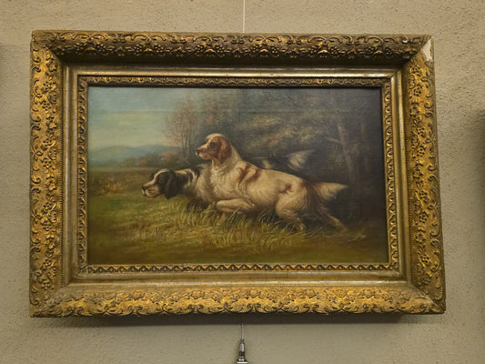 Antique Oil Painting on Canvas, Two Sporting Dogs on Point in a Landscape, in Gilt Frame