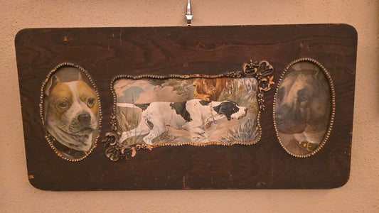 Antique Triptych Frame with Three Chromolithograph Dog Prints including Hunting Dogs and Two Oval Portraits