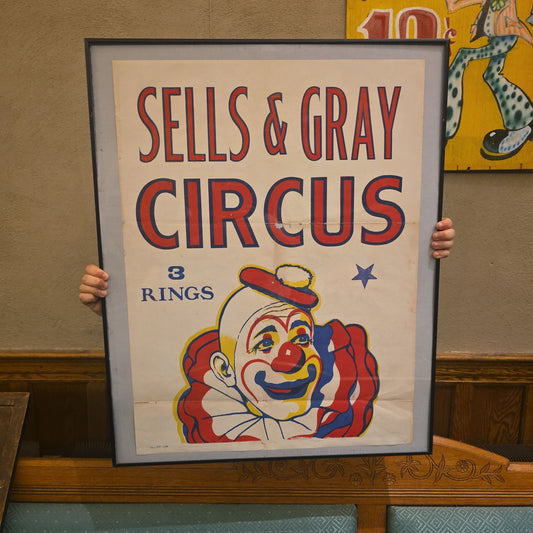 Vintage Framed Sells & Gray Three-Ring Circus Poster with Clown Graphic