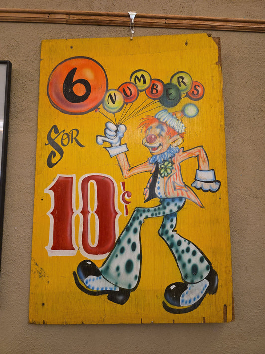 Vintage Double-Sided Hand-Painted Carnival Game Sign on Wood Panel with Clown and Balloons