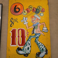 Lot 203 - Vintage Double-Sided Hand-Painted Carnival Game Sign on Wood Panel with Clown and Balloons, 24" W x 36" H