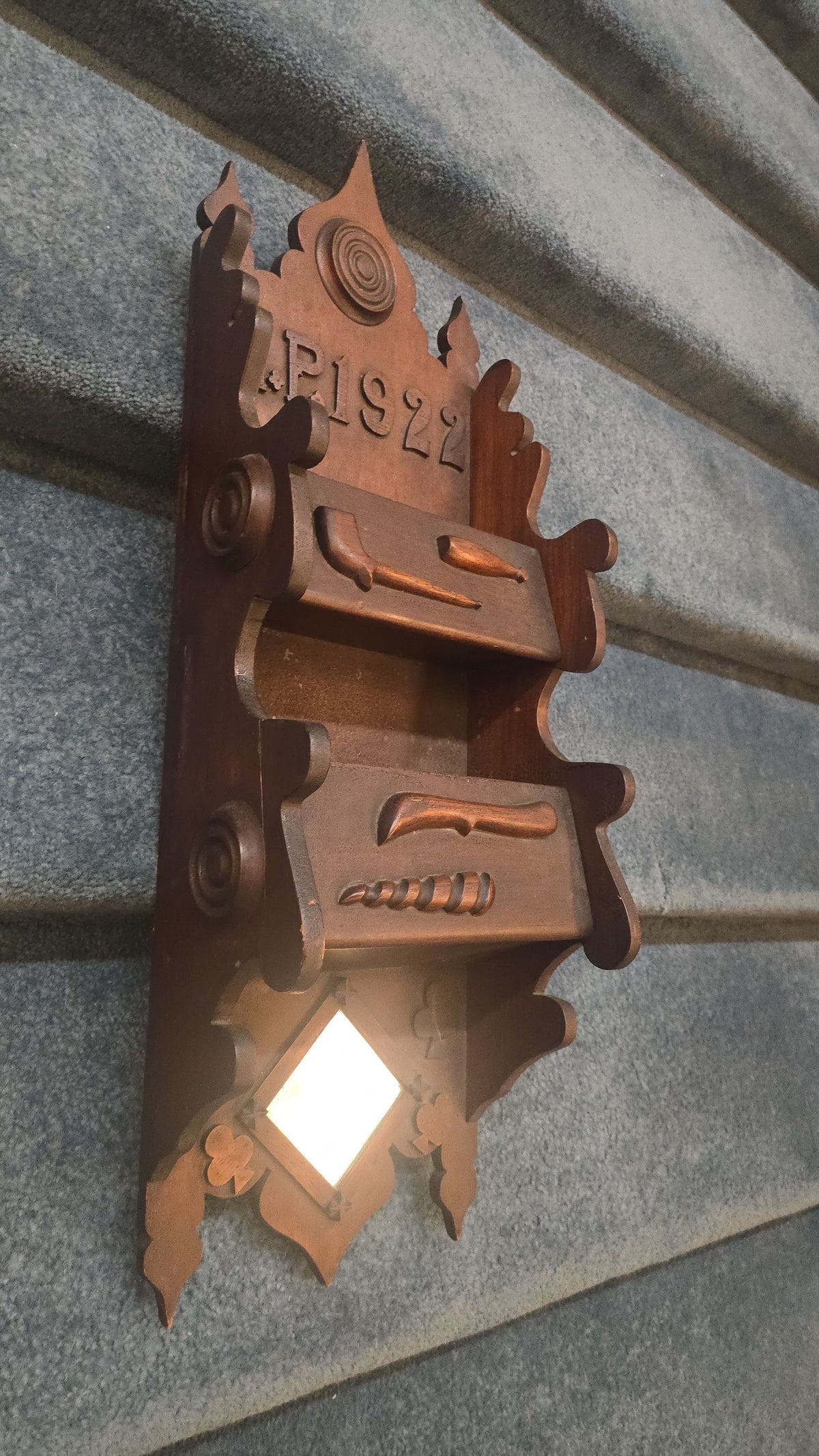 Antique Folk Art Carved Wood Wall Shelf with Mirror, Initialed "H.P." and Dated 1922