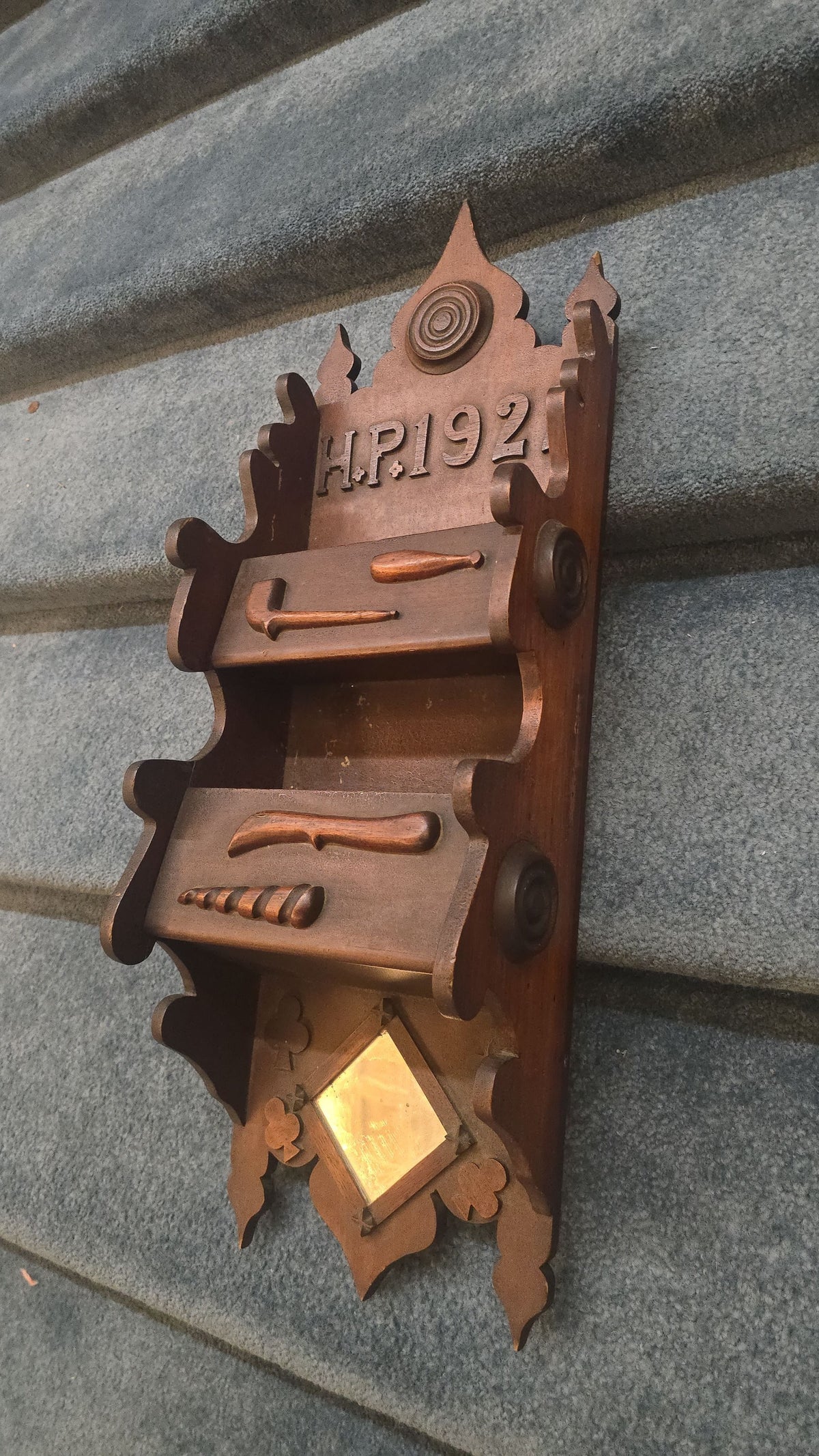 Antique Folk Art Carved Wood Wall Shelf with Mirror, Initialed "H.P." and Dated 1922