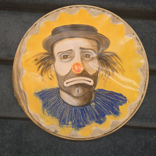 Vintage Hand-Painted Drum Head with Sad Clown Portrait