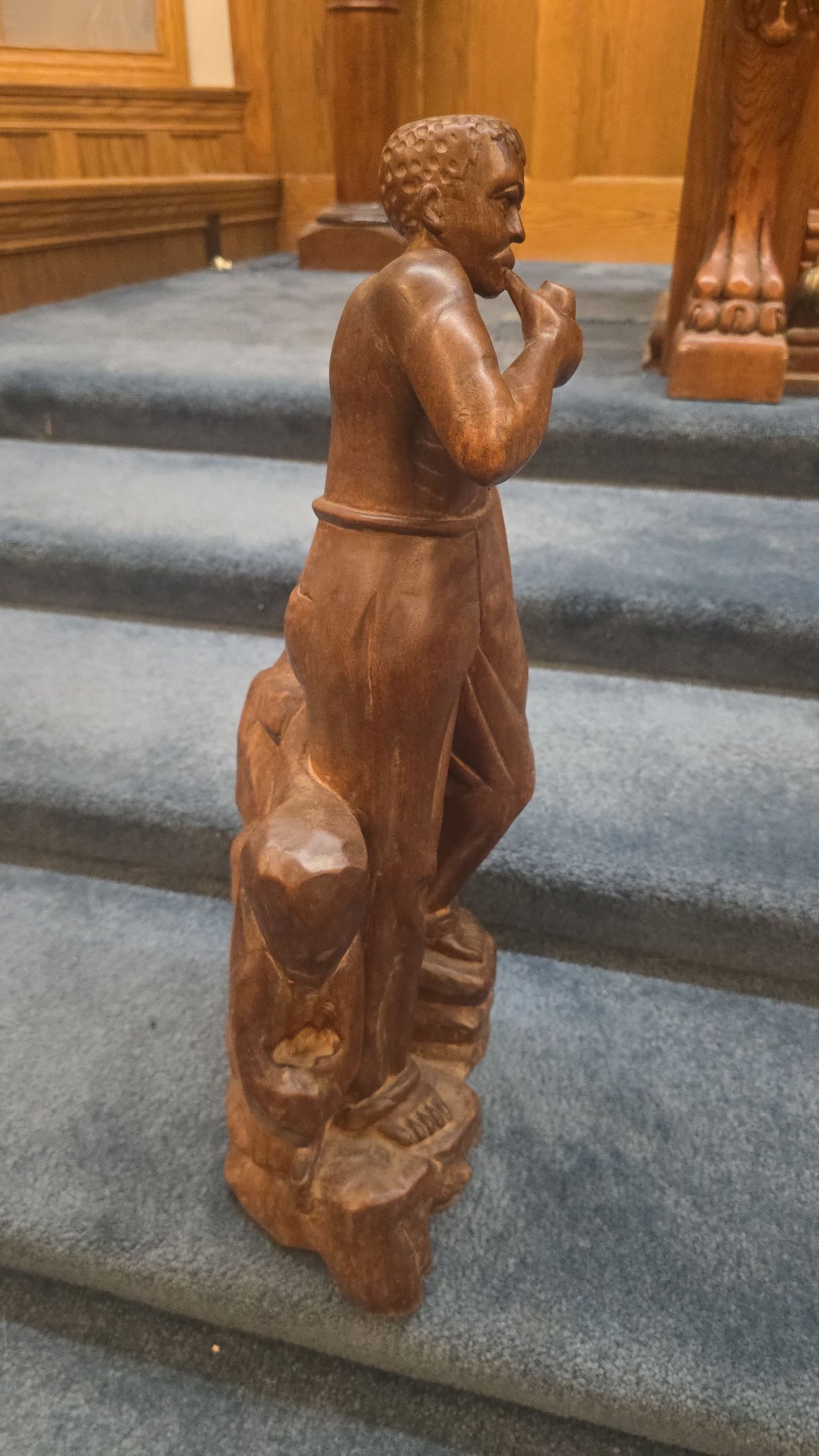 Vintage Haitian Carved Wood Figure of a Seated Man Smoking a Pipe, Signed Numa Germain