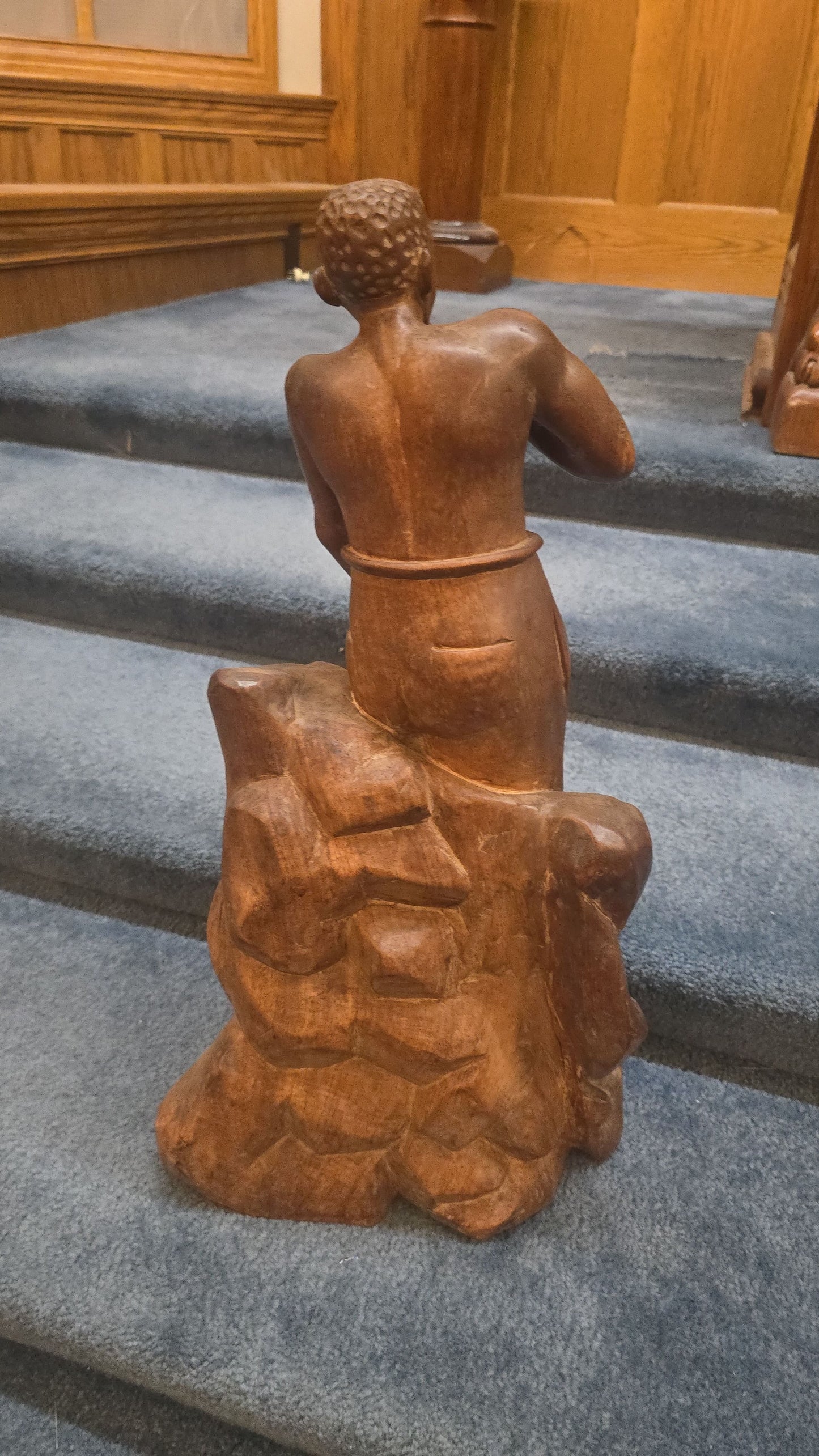 Vintage Haitian Carved Wood Figure of a Seated Man Smoking a Pipe, Signed Numa Germain