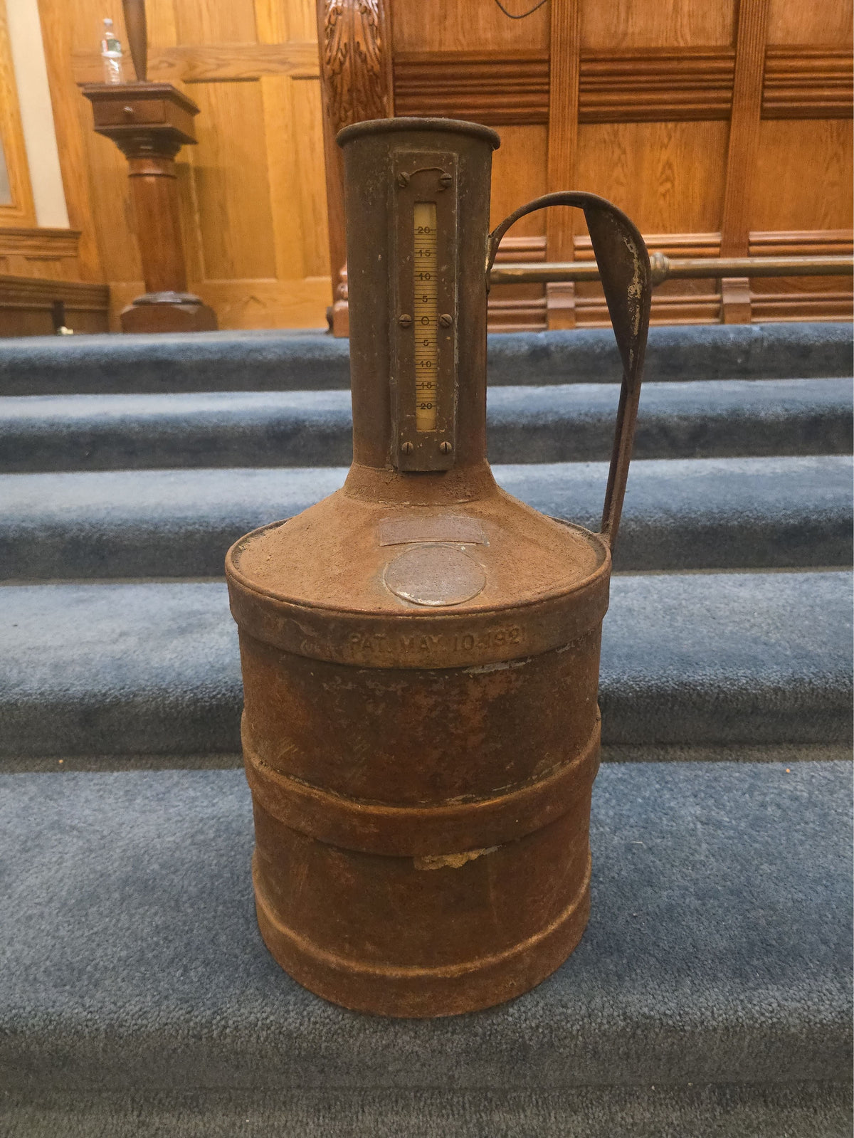 Antique Gasoline Pump Field Test Measure Can with Built-In Thermometer, Patented May 10, 1921