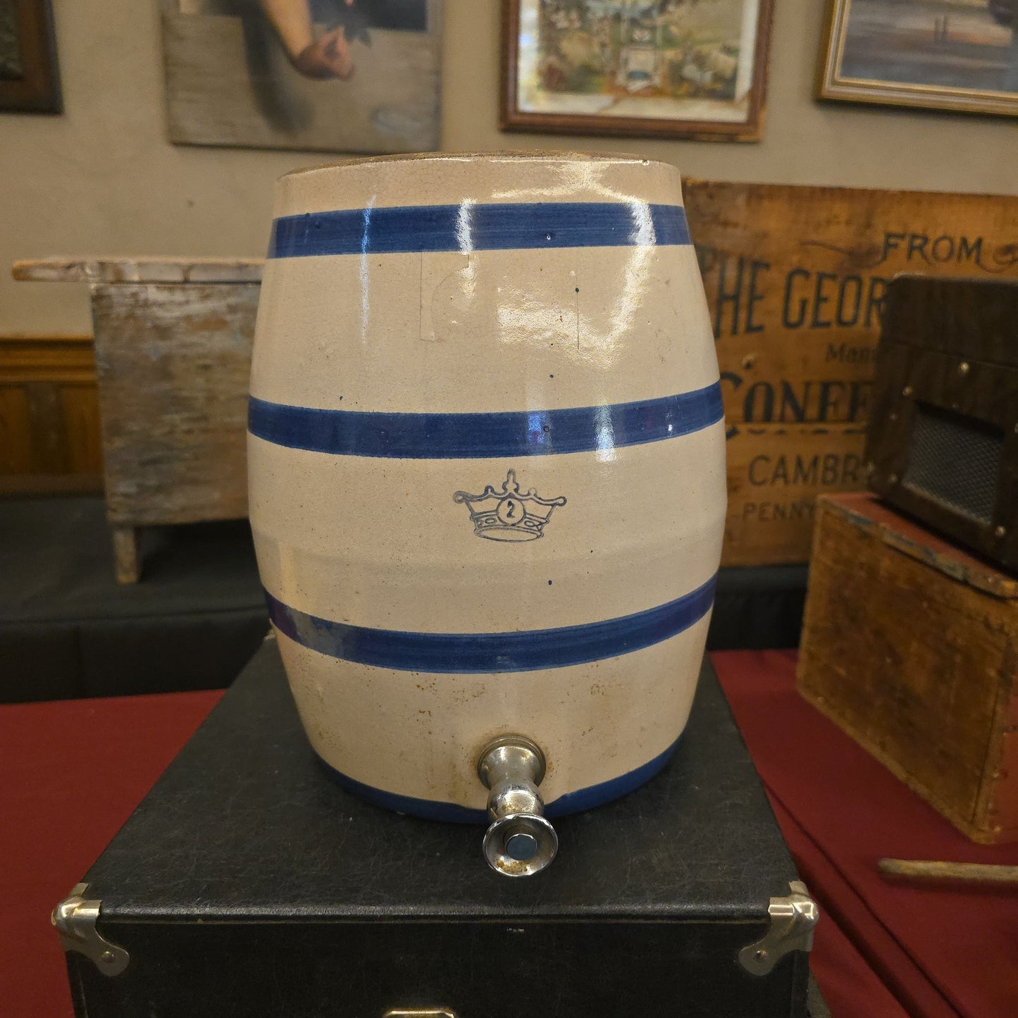 Antique 2-Gallon Blue Banded Stoneware Water Cooler with Crown Mark and Spigot